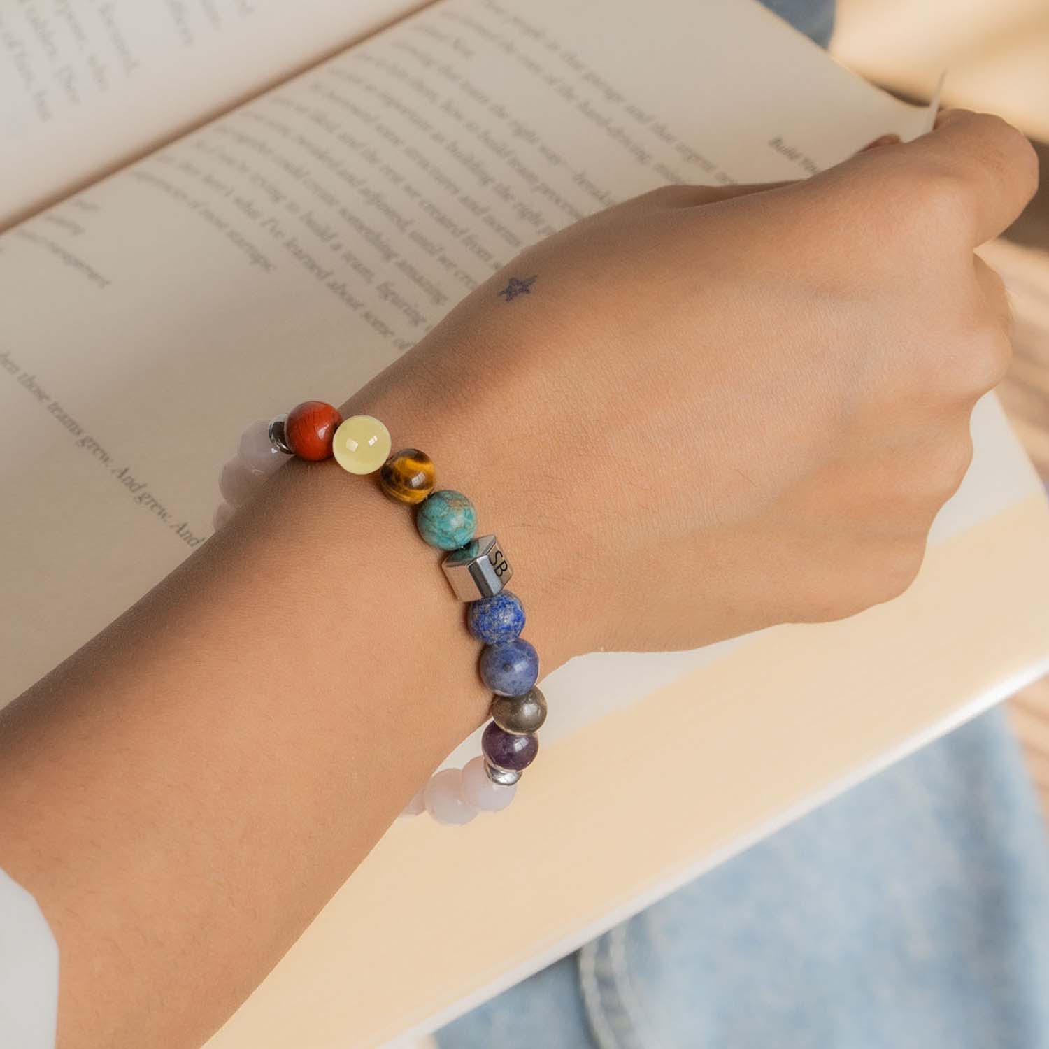 Non-Personalised Solace Rose Quartz 9 Chakra Natural Stone Elastic Bracelet