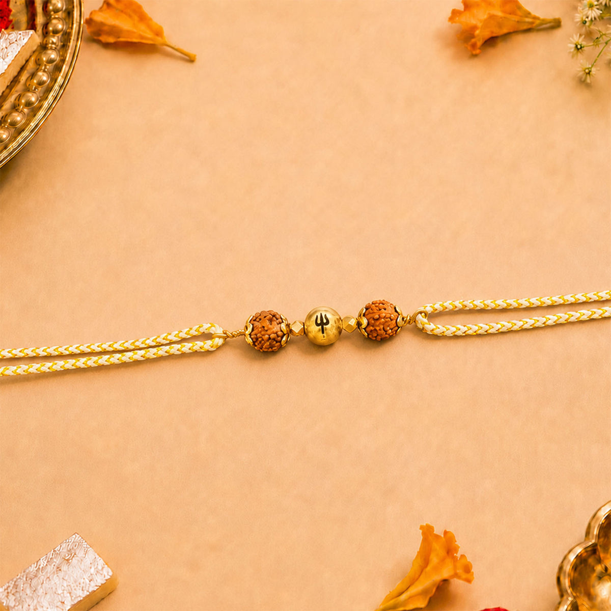 925 Sterling Silver Spiritual Rudraksh Trishul Natural Stone Rakhi