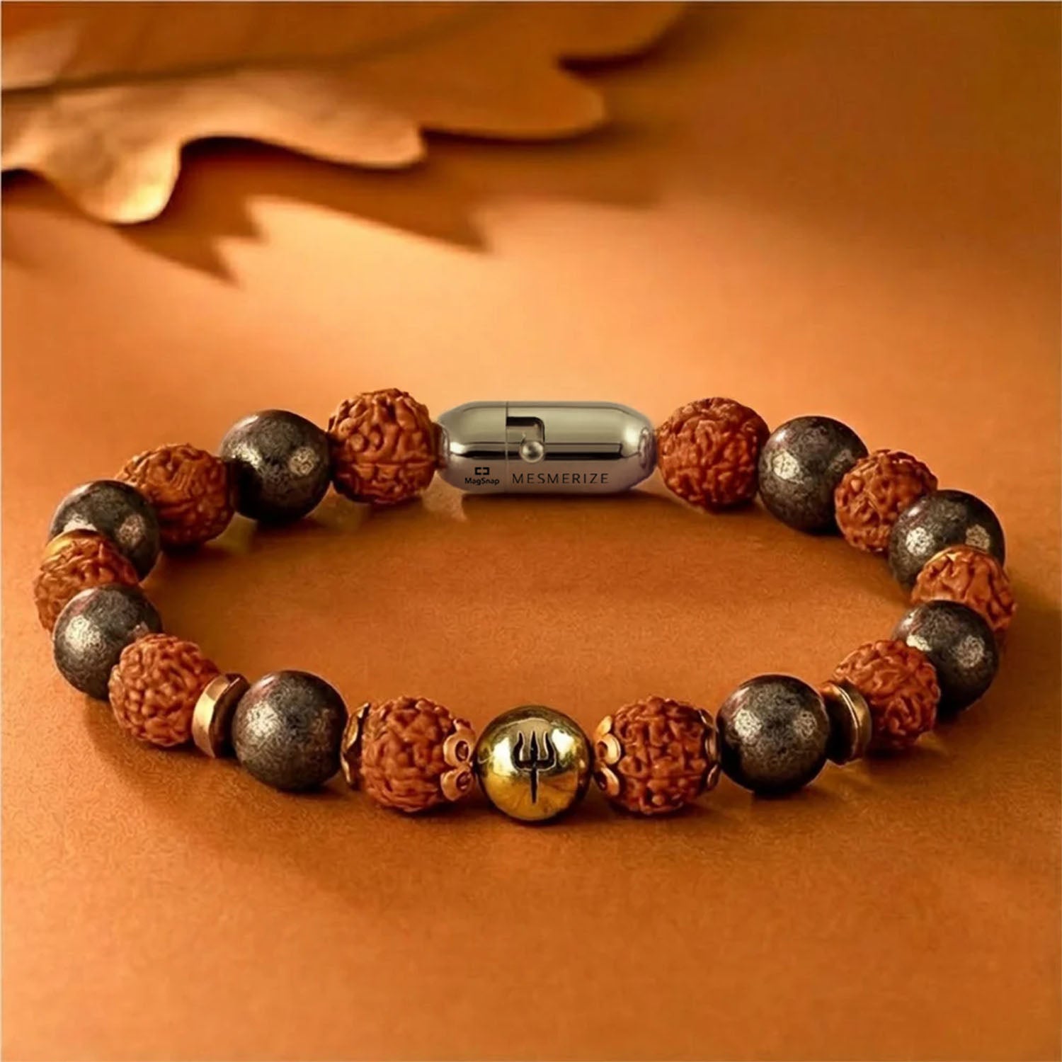 925 Sterling Silver Spiritual Trishul Pyite Natural Stone Bracelet with MagSnap2