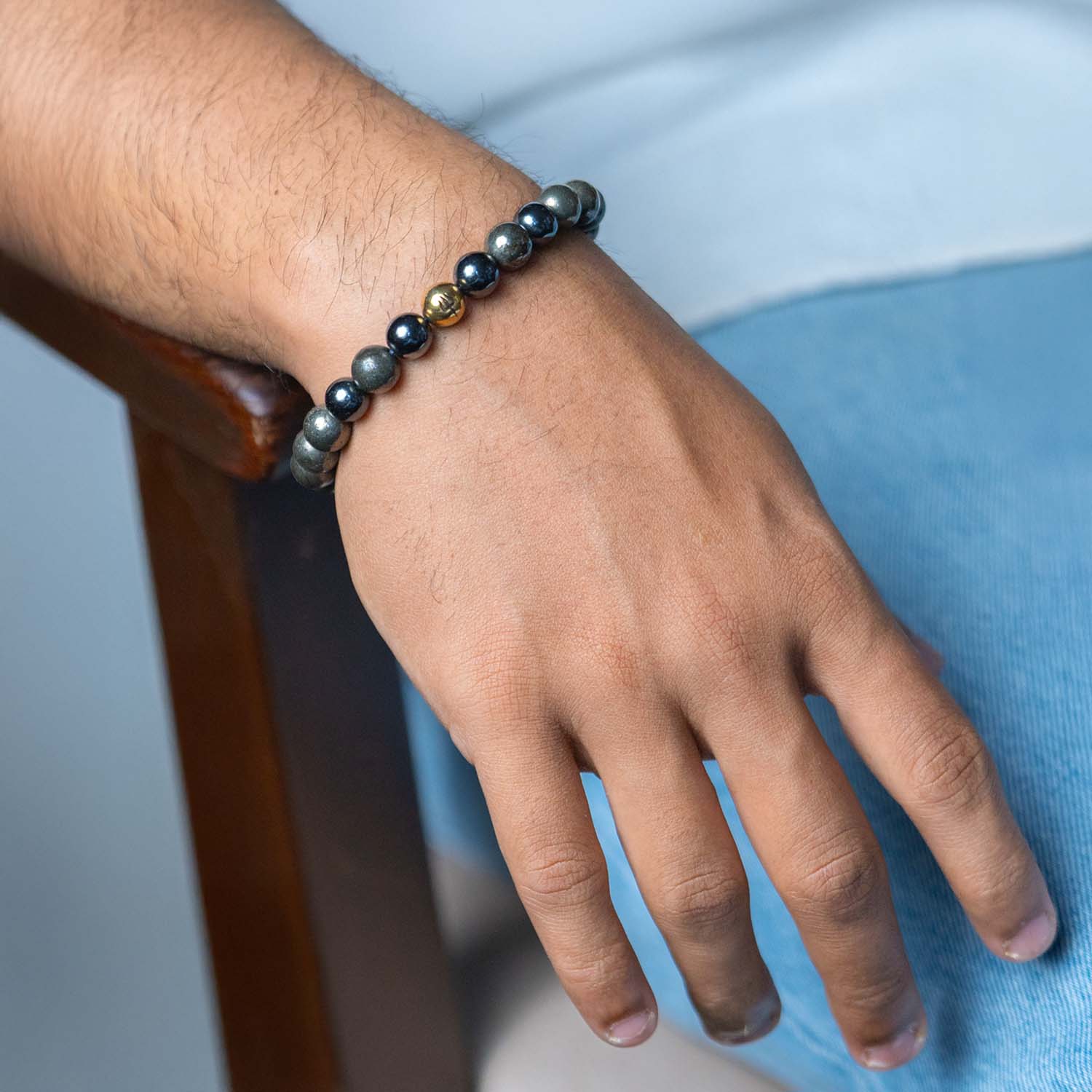 925 Sterling Silver Pyrite Trishul Natural Stone Bracelet with Magsnap2