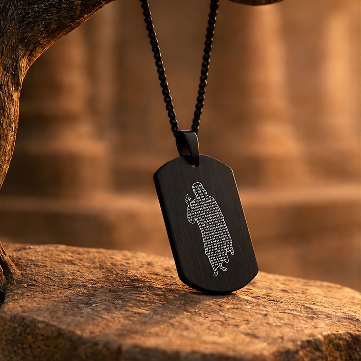 Om Sai Ram Inlay MicroCarved Tag Necklace Black