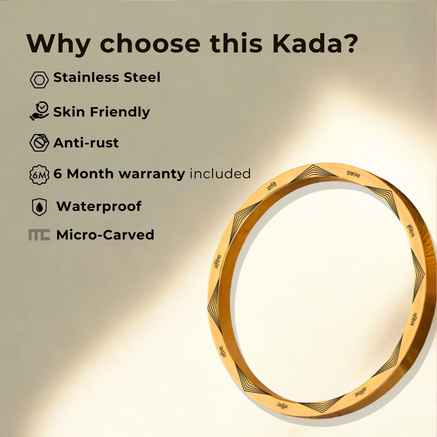 9 Chakra MicroCarved Classic Round Kada Gold