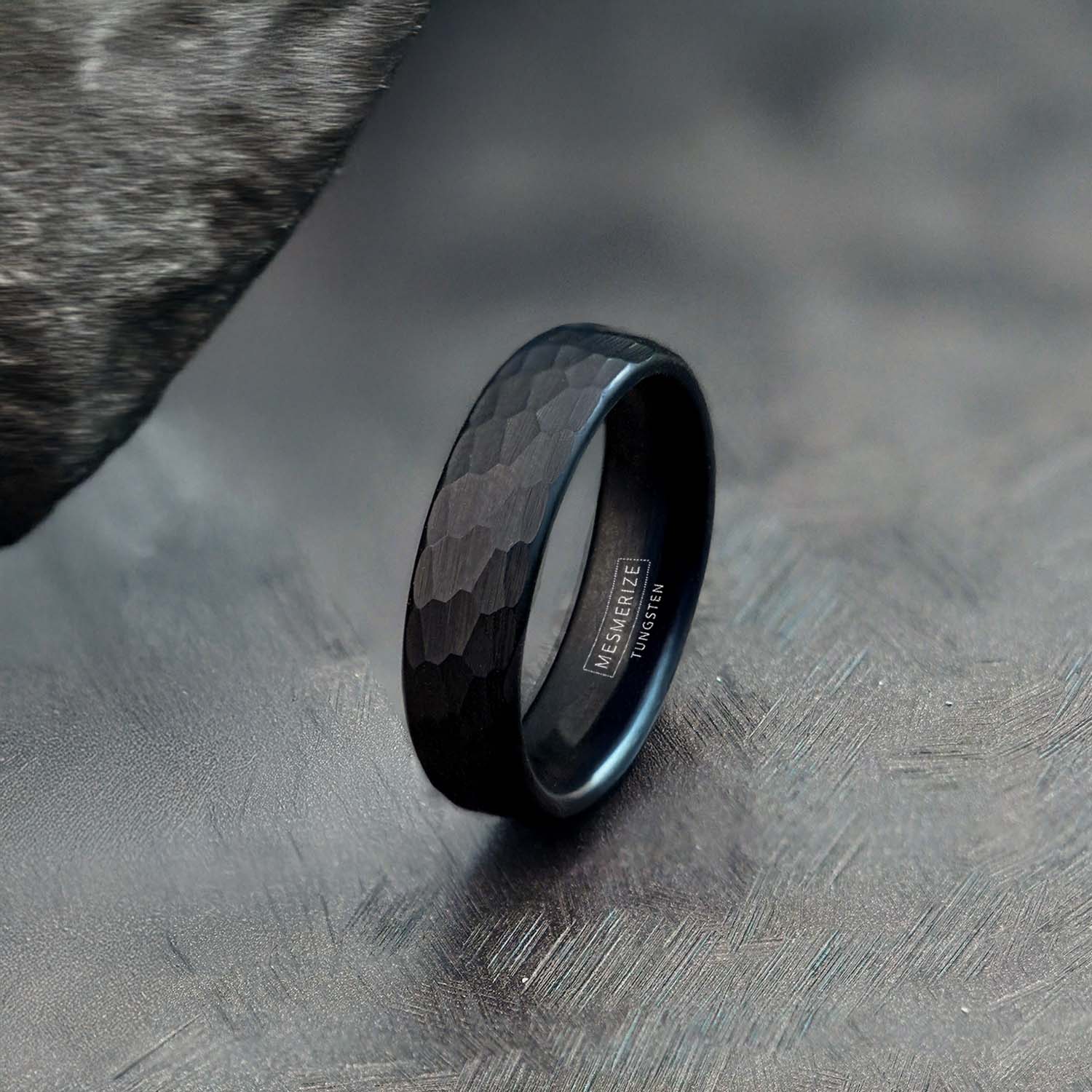 Forged Hammered Tungsten Carbide Band Ring BLACK