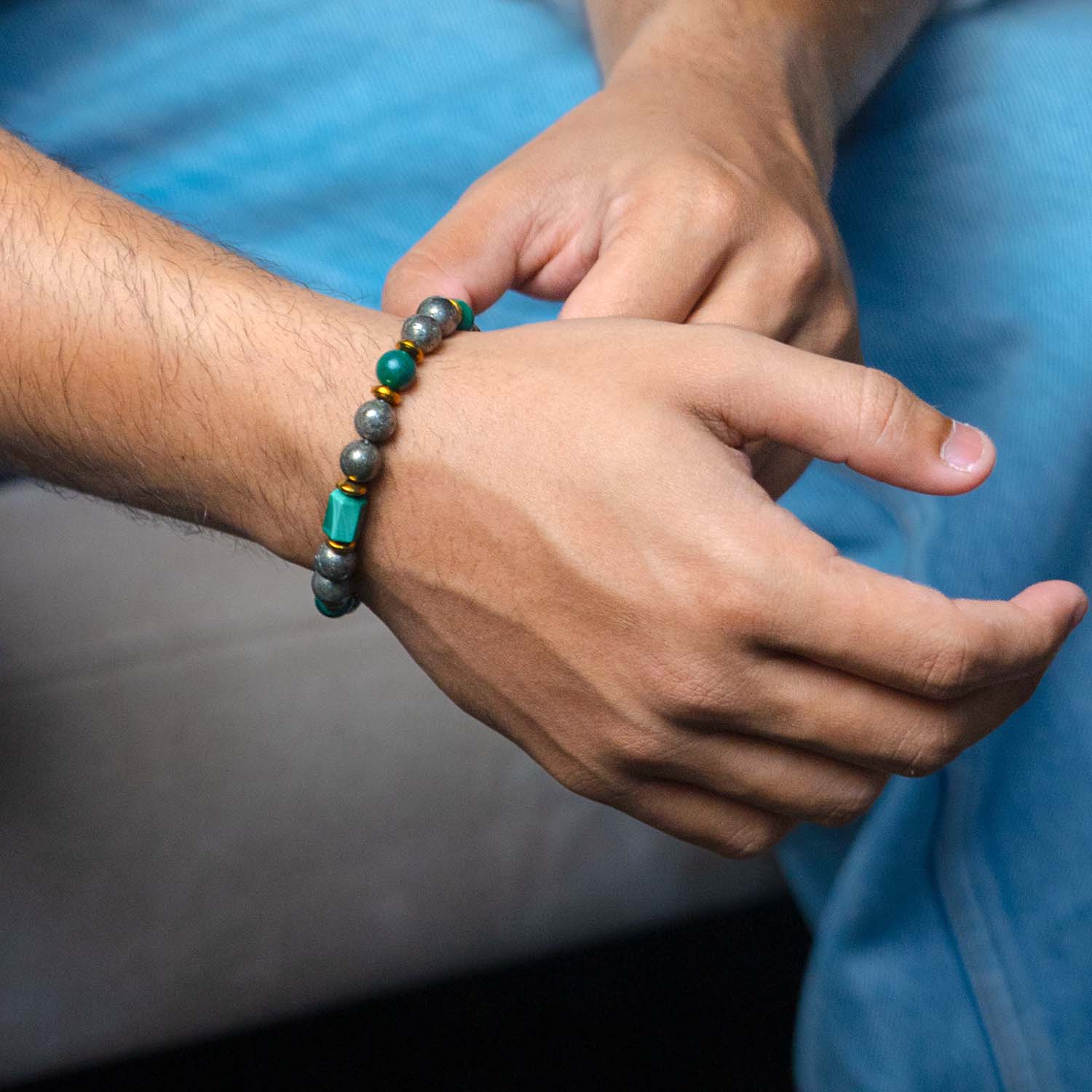 Fortune Pyrite & Cube Malachite Natural Stone Bracelet with Magsnap2