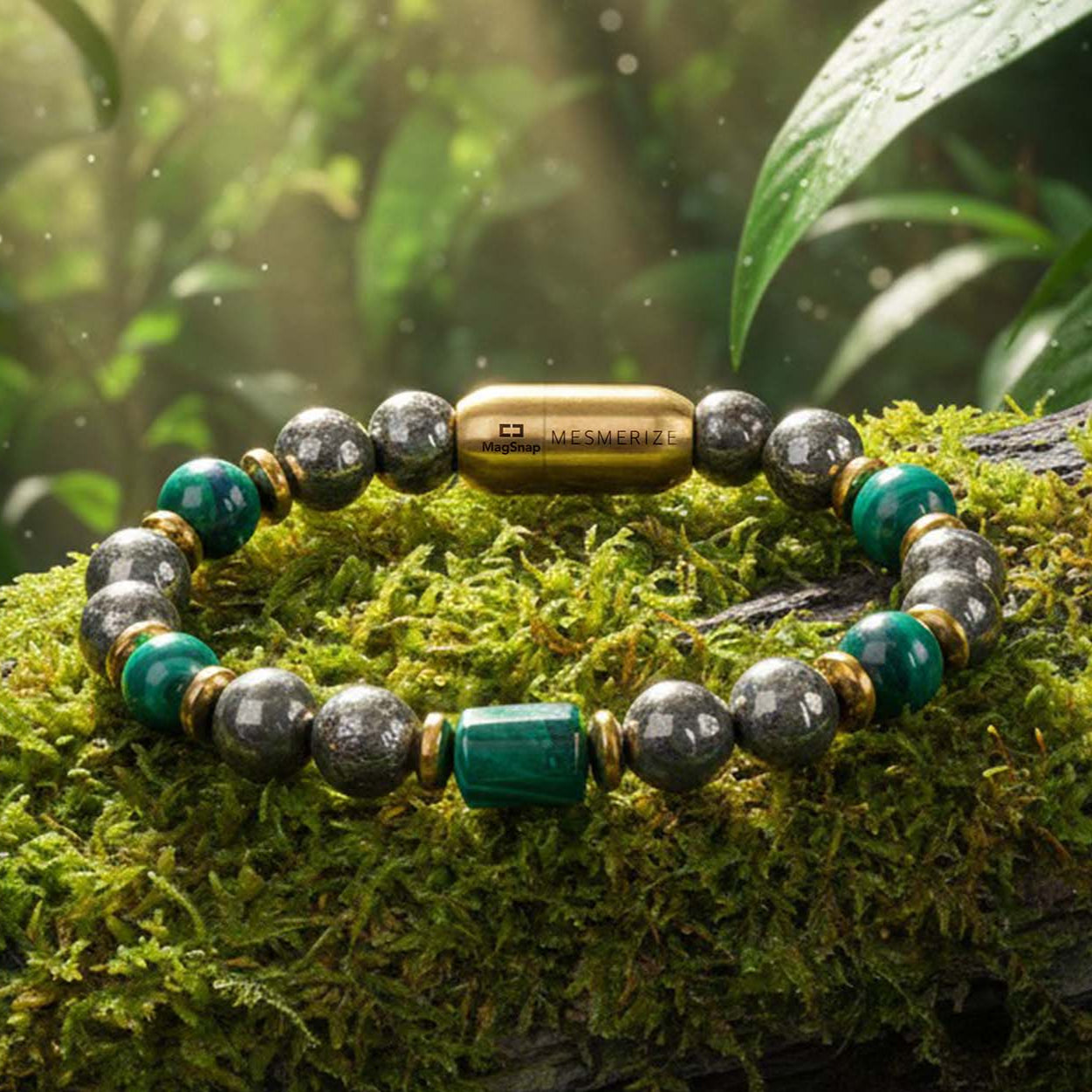 Fortune Pyrite & Cube Malachite Natural Stone Bracelet with Magsnap2