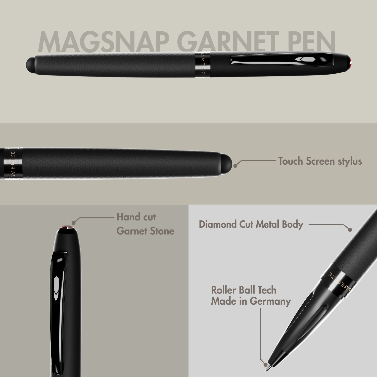 Matte Black Finish Garnet 2 in 1 MagSnap Roller Ball Pen with Stylus Personalised
