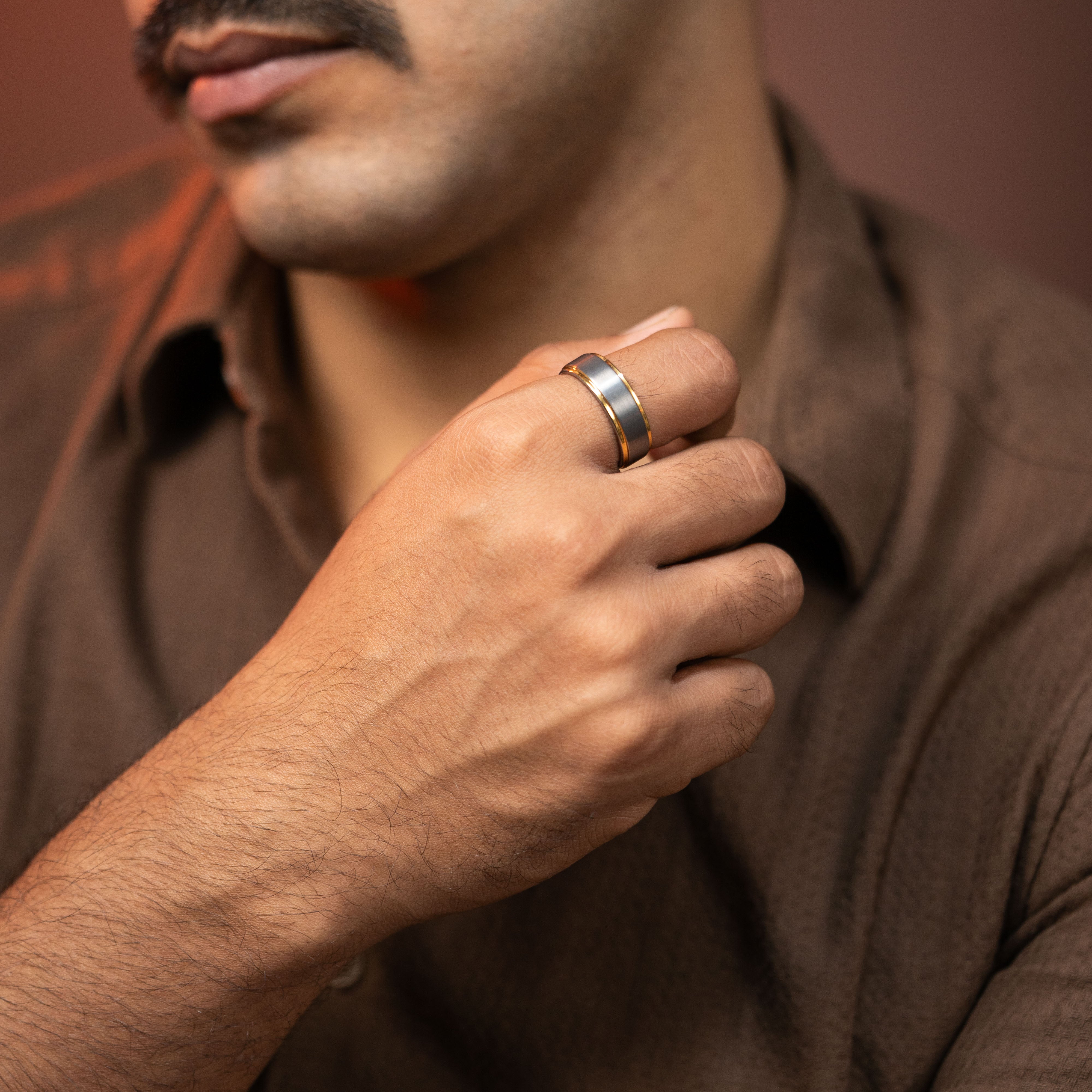 Gunmetal Inlay Gold-Edged Tungsten Carbide Band Ring