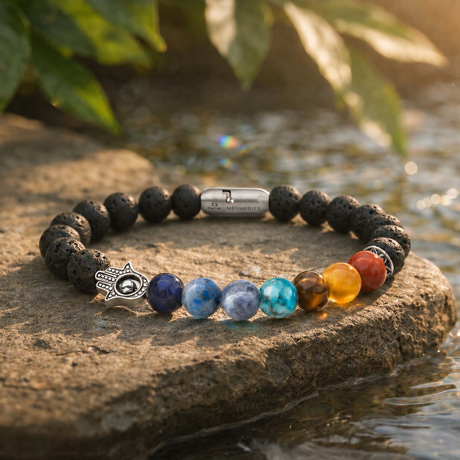 Natural Stone Jewellery Lava 7 Chakra Natural Stone Hamsa Bracelet with MagSnap