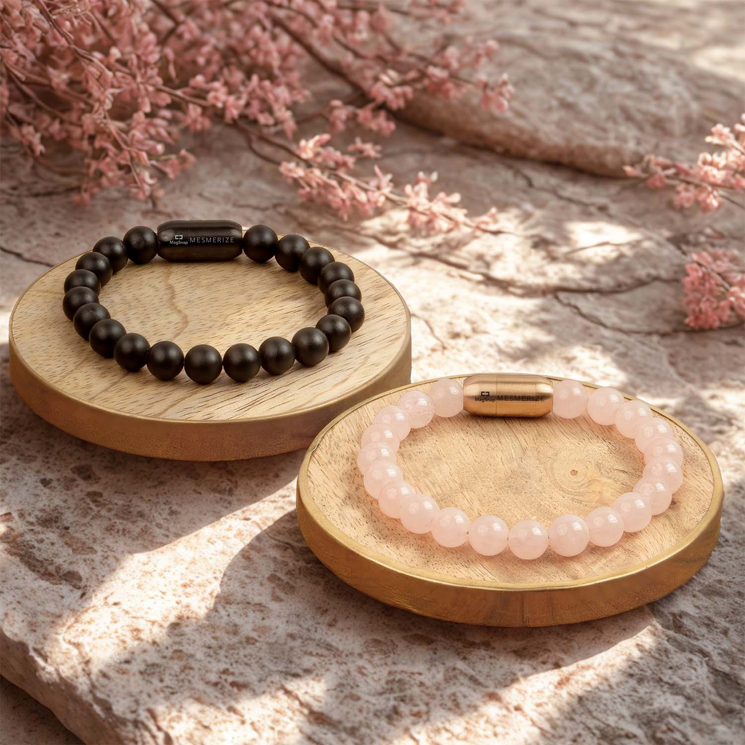 Onyx & Rose Quartz Natural Stone Couple Bracelet with Magsnap 2