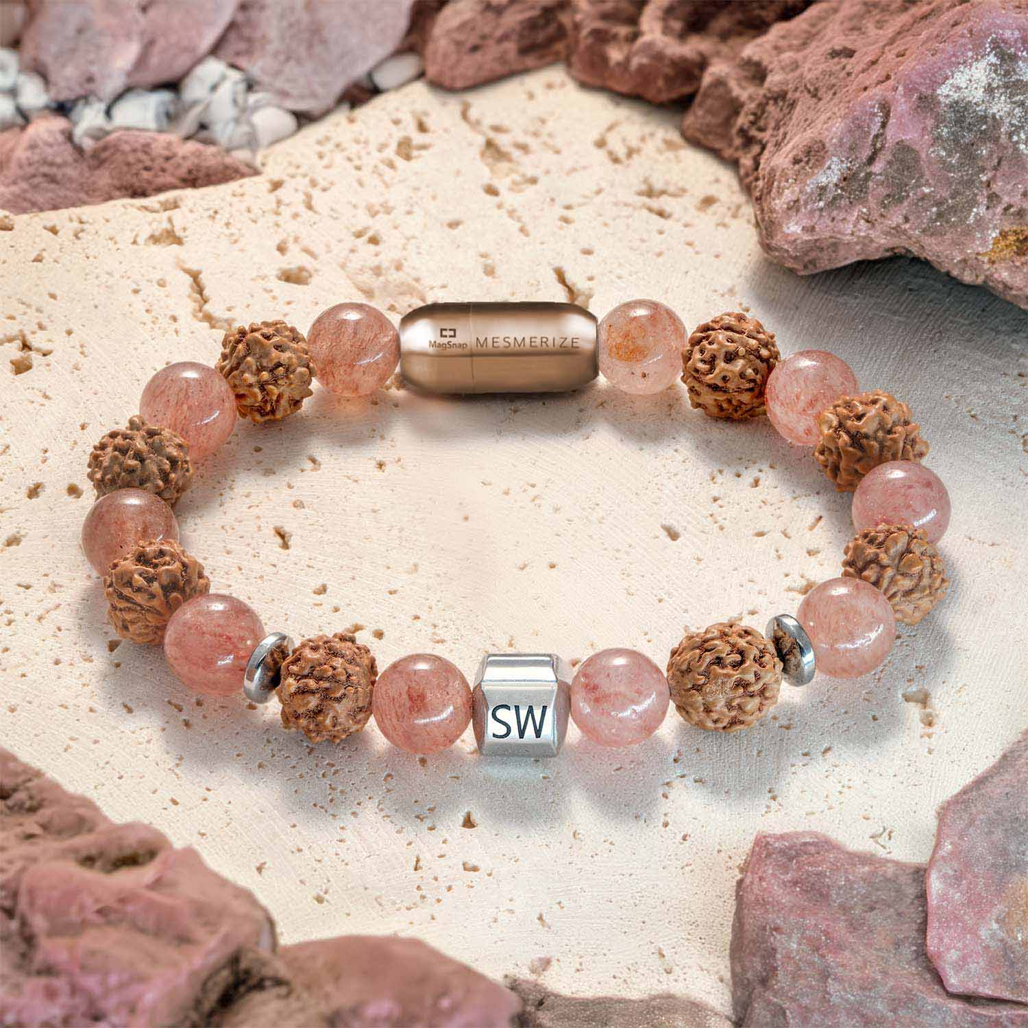 Personalised Serenity Strawberry Quartz & Rudraksh Bracelet with Magsnap2