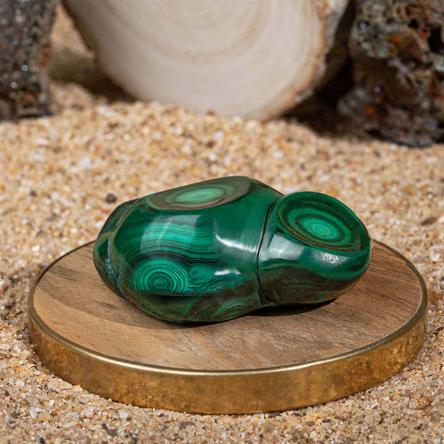 Prosperity Polished Malachite Raw Stone With Mango Wood Coaster