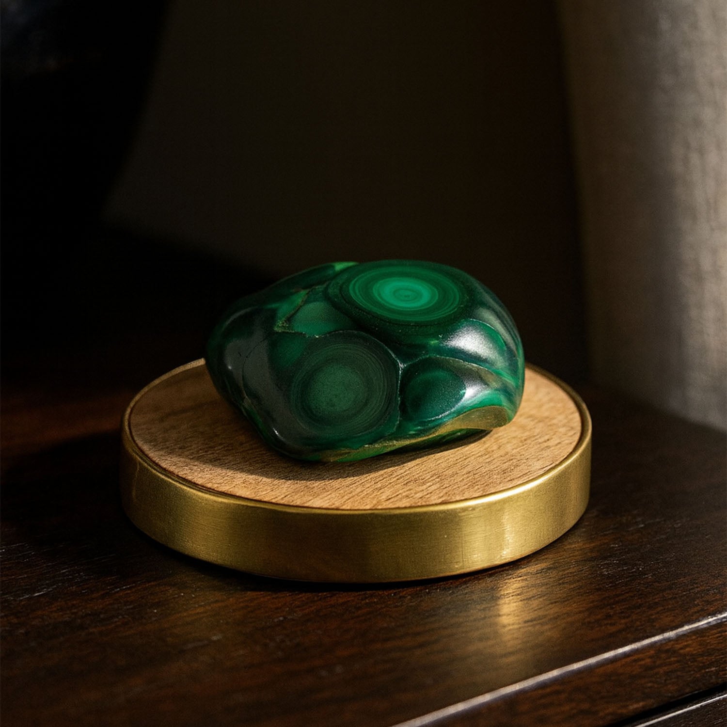 Prosperity Polished Malachite Raw Stone With Mango Wood Coaster