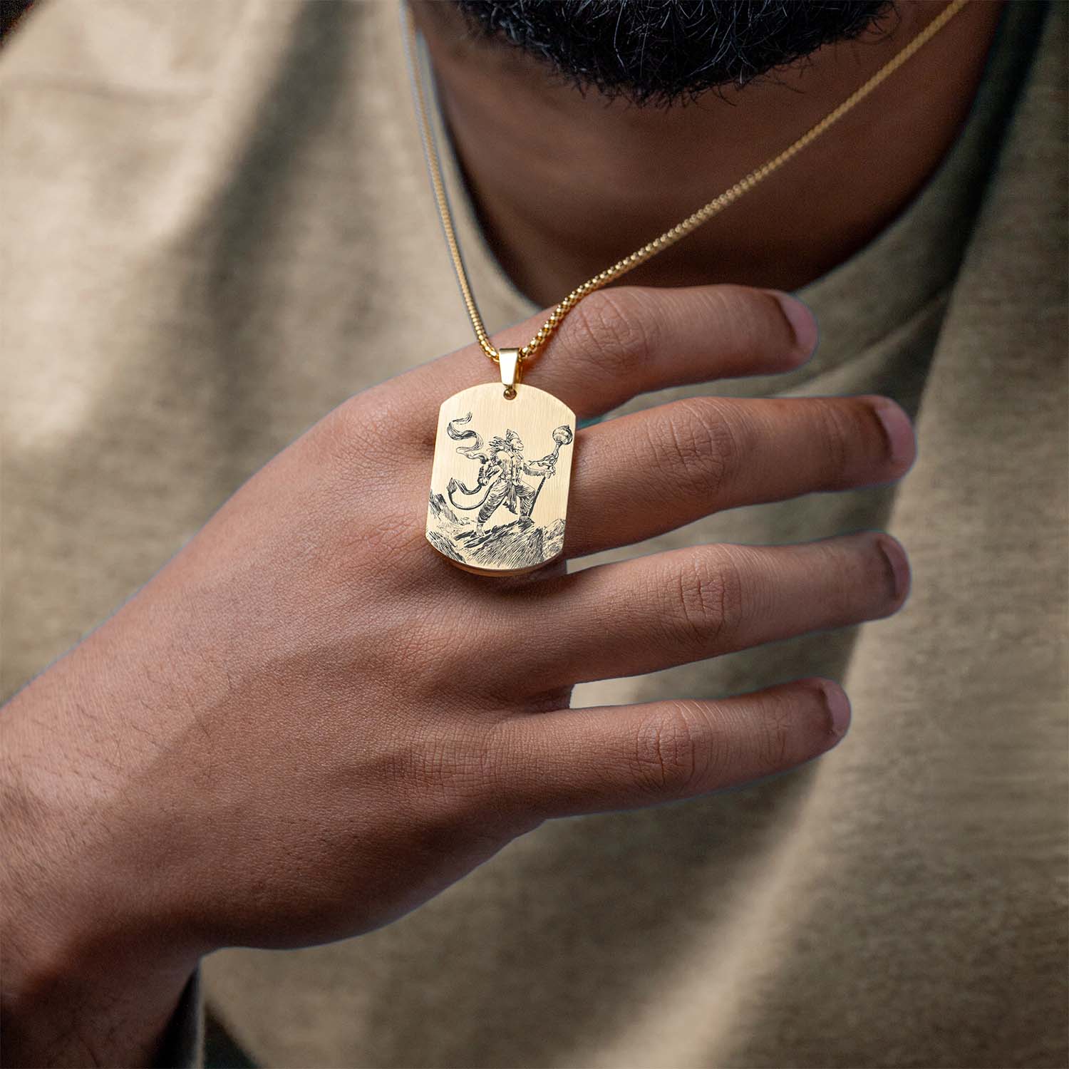 Protector Hanuman Godform Gold Tag Necklace