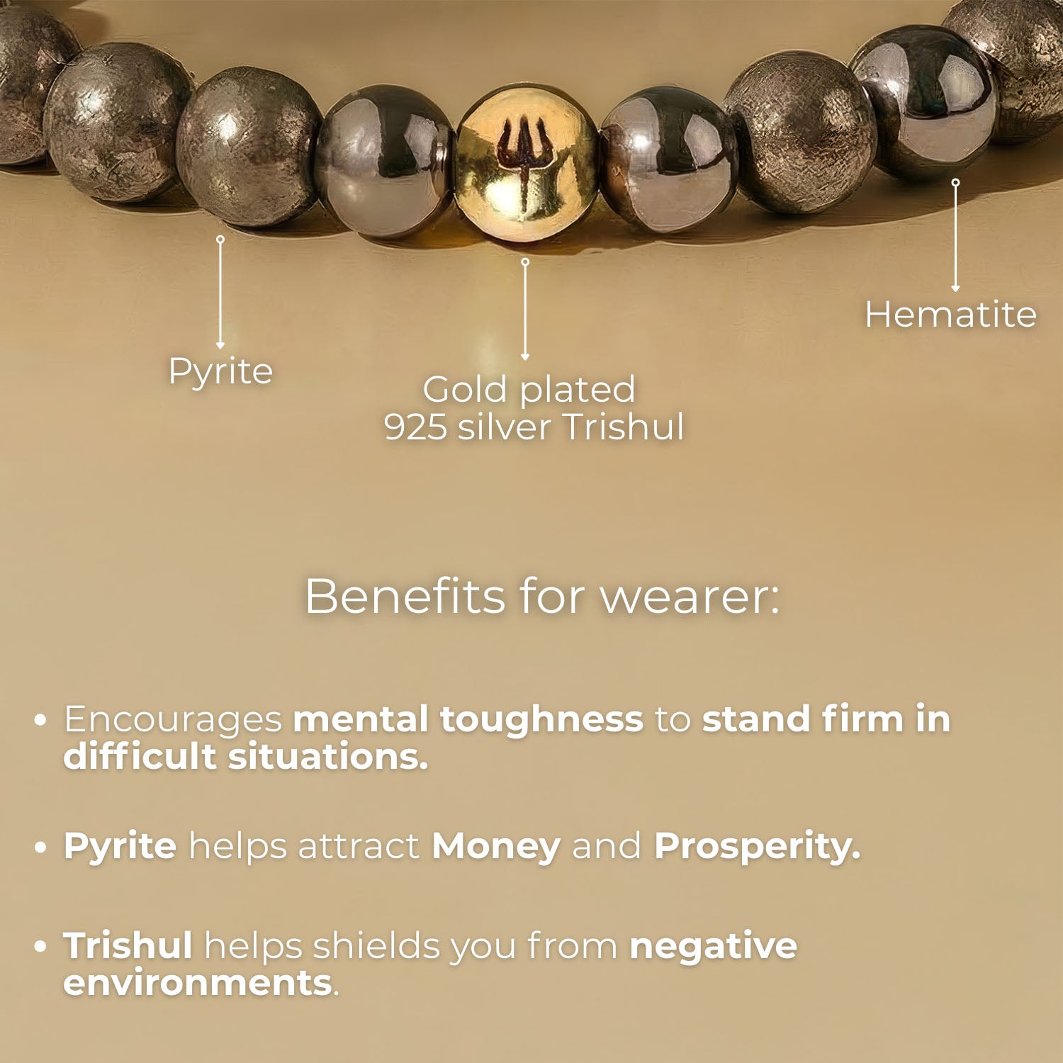 925 Sterling Silver Pyrite Trishul Natural Stone Bracelet with Magsnap2