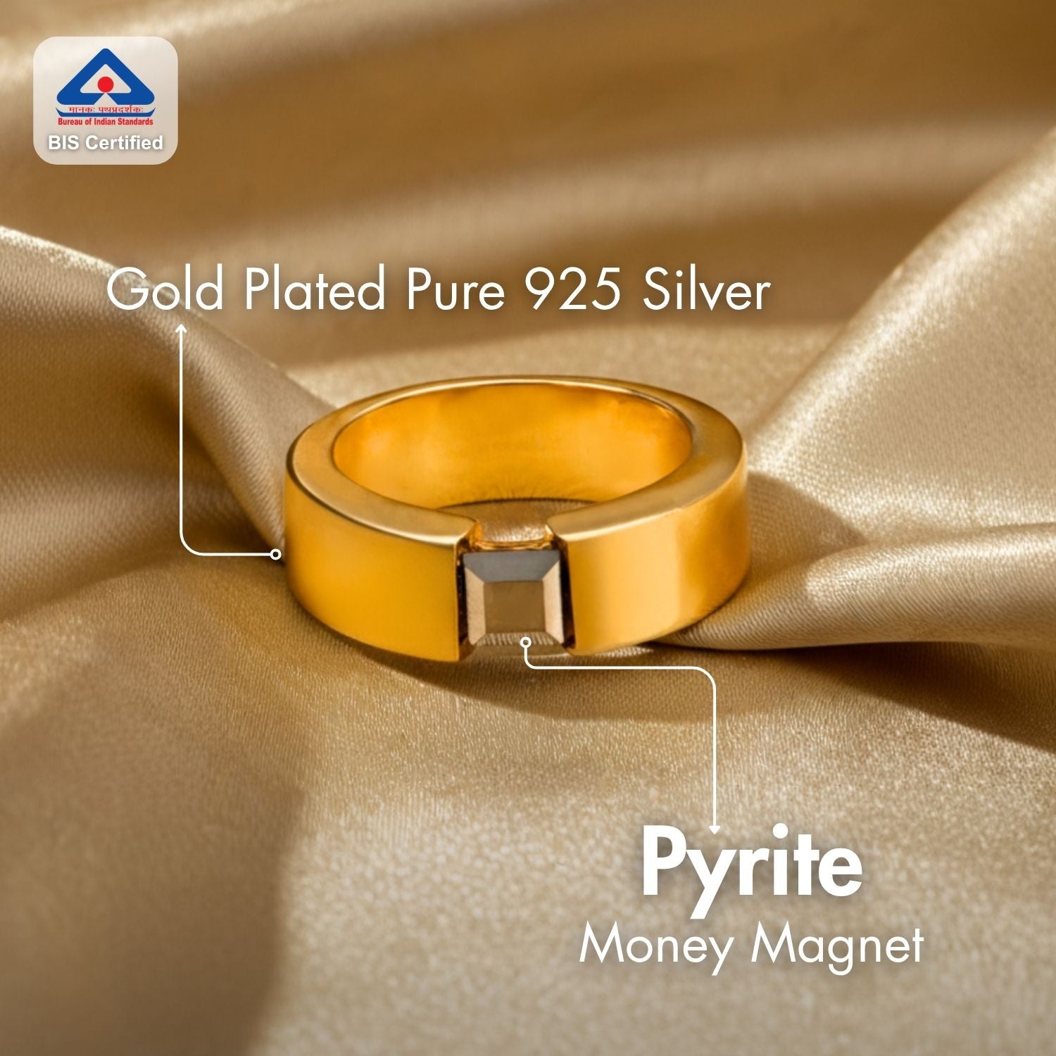 Gold Plated Pure 925 Silver Ring With Pyrite Gem Stone