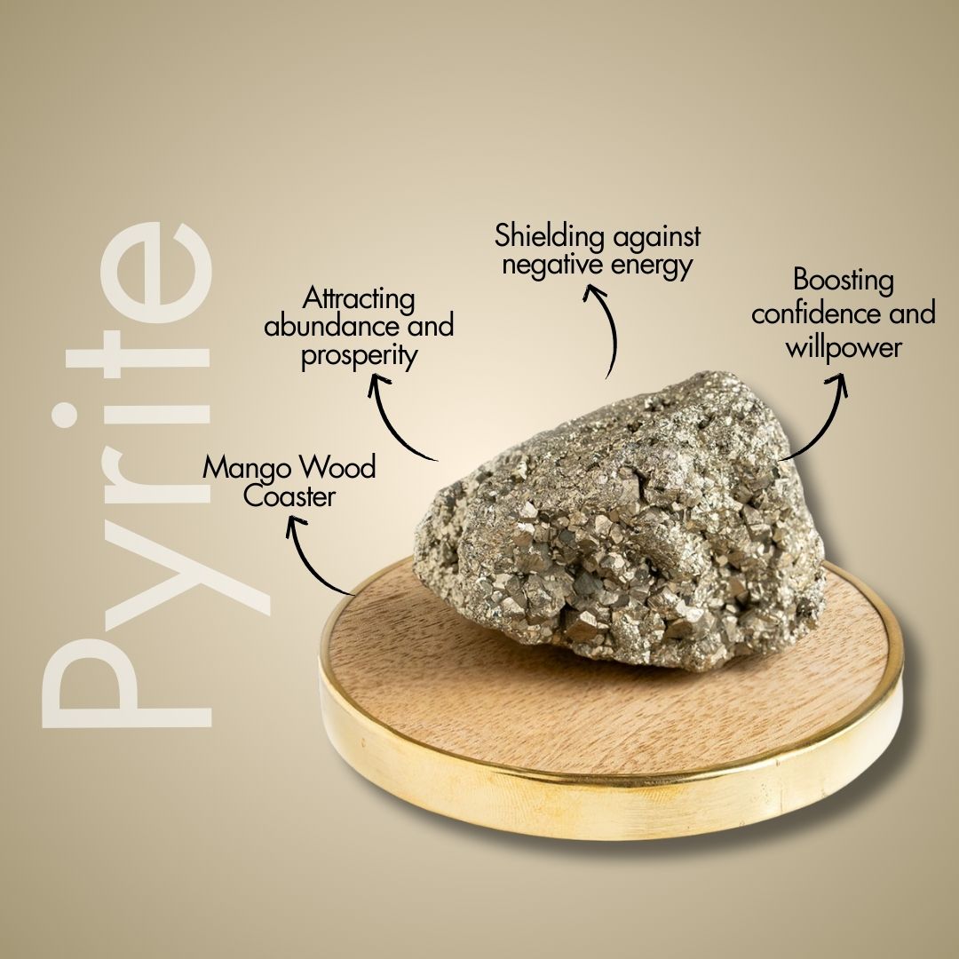Money Magnet Pyrite Raw Stone With Mango Wood Coaster