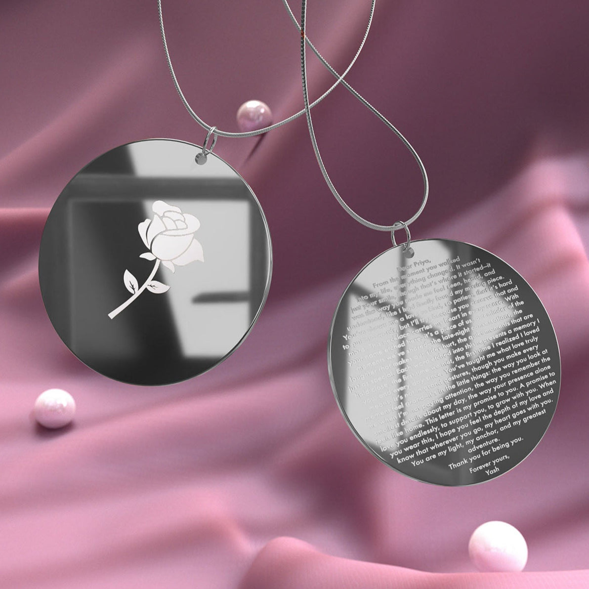 Personalised Rose Love Letter MicroCarved Circle Necklace Silver