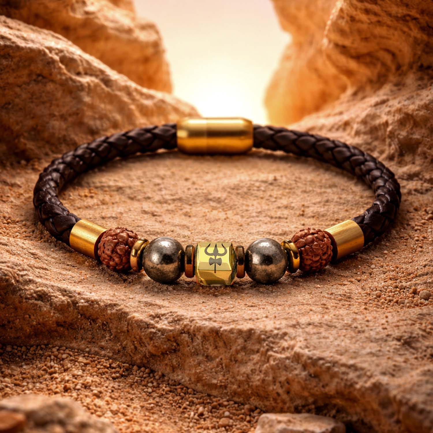 Rudraksh Pyrite Trishul NeoLeather Bracelet With MagSnap2
