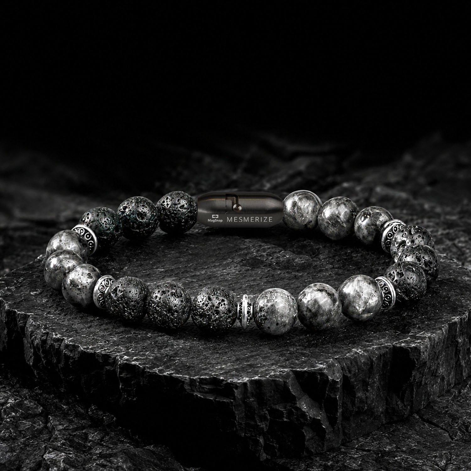 Natural Stone Jewellery Spiritual Lava and Larvikite Natural Stone Bracelet with MagSnap