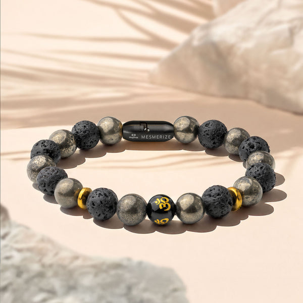 Natural Stone Jewellery Spiritual Pyrite Natural Stone OM Bracelet With Magsnap