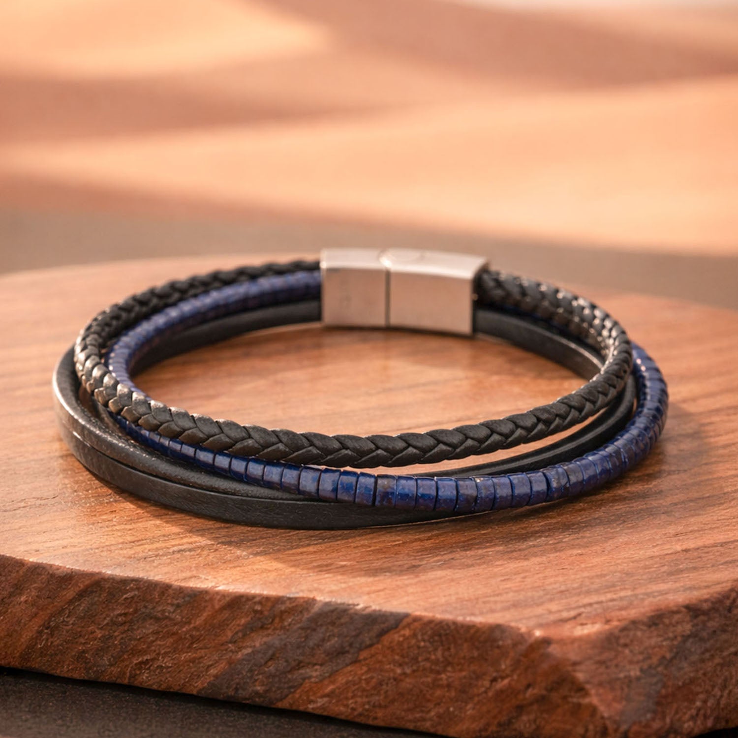Wisdom Lapis Natural Stone Disc NeoLeather Bracelet With MagSlide