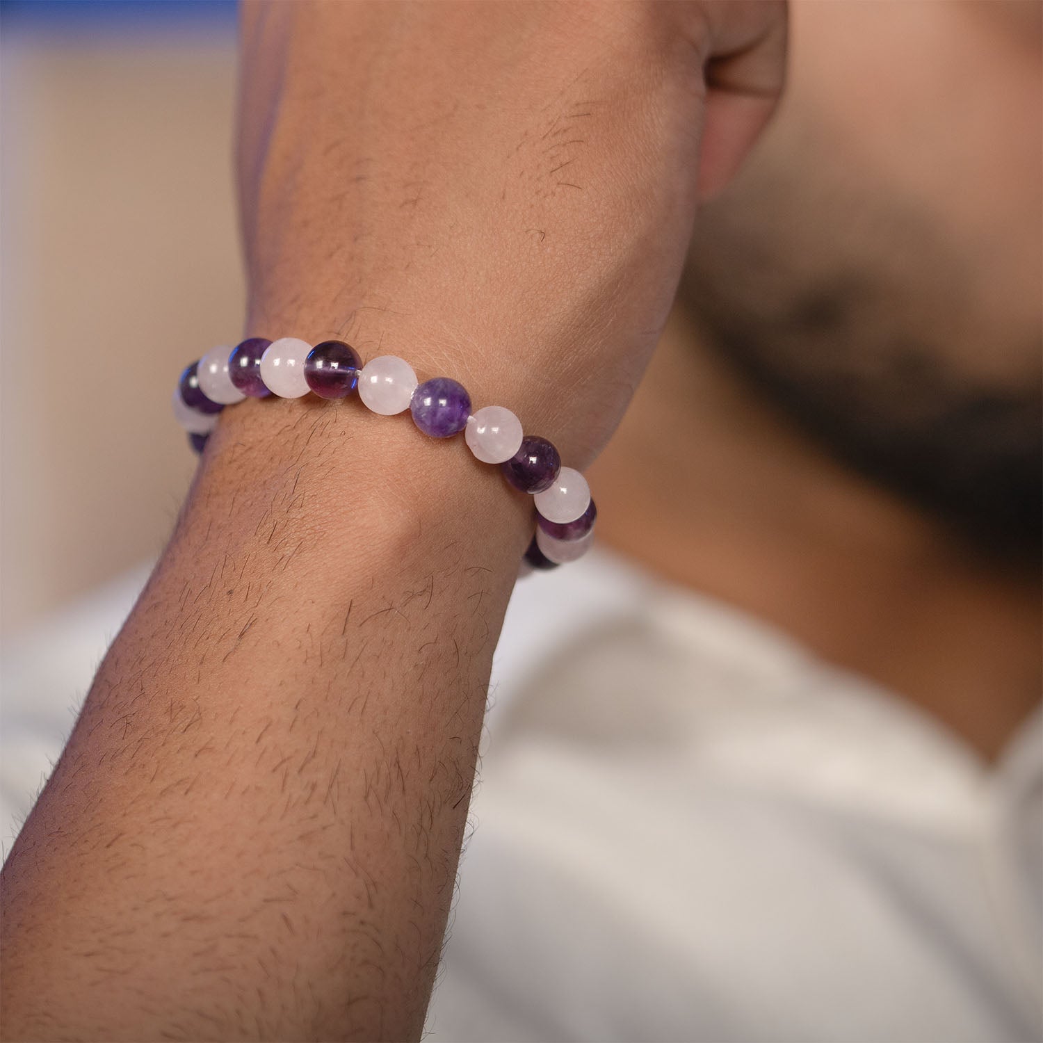 Compassionate Amethyst & Rose Quartz Natural Stone Elastic Bracelet