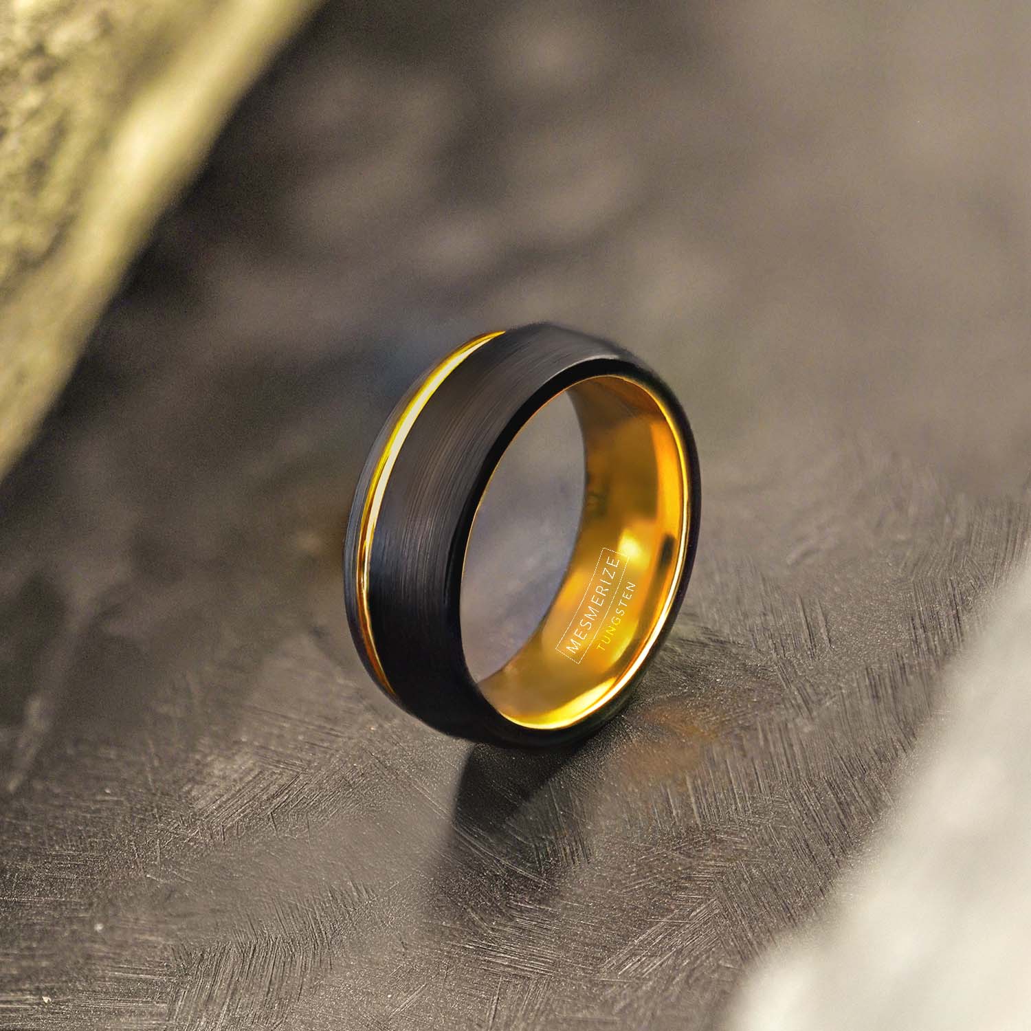 Gold Inlay Black Tungsten Carbide Band Ring