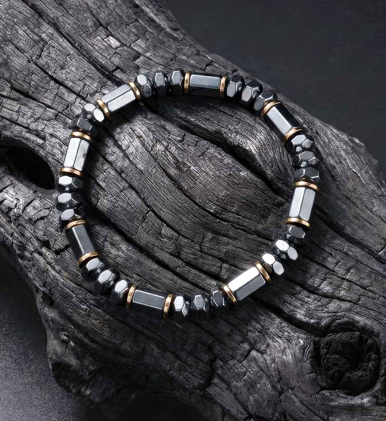 Noir Cylinder Hematite Stack Natural Stone Bracelet
