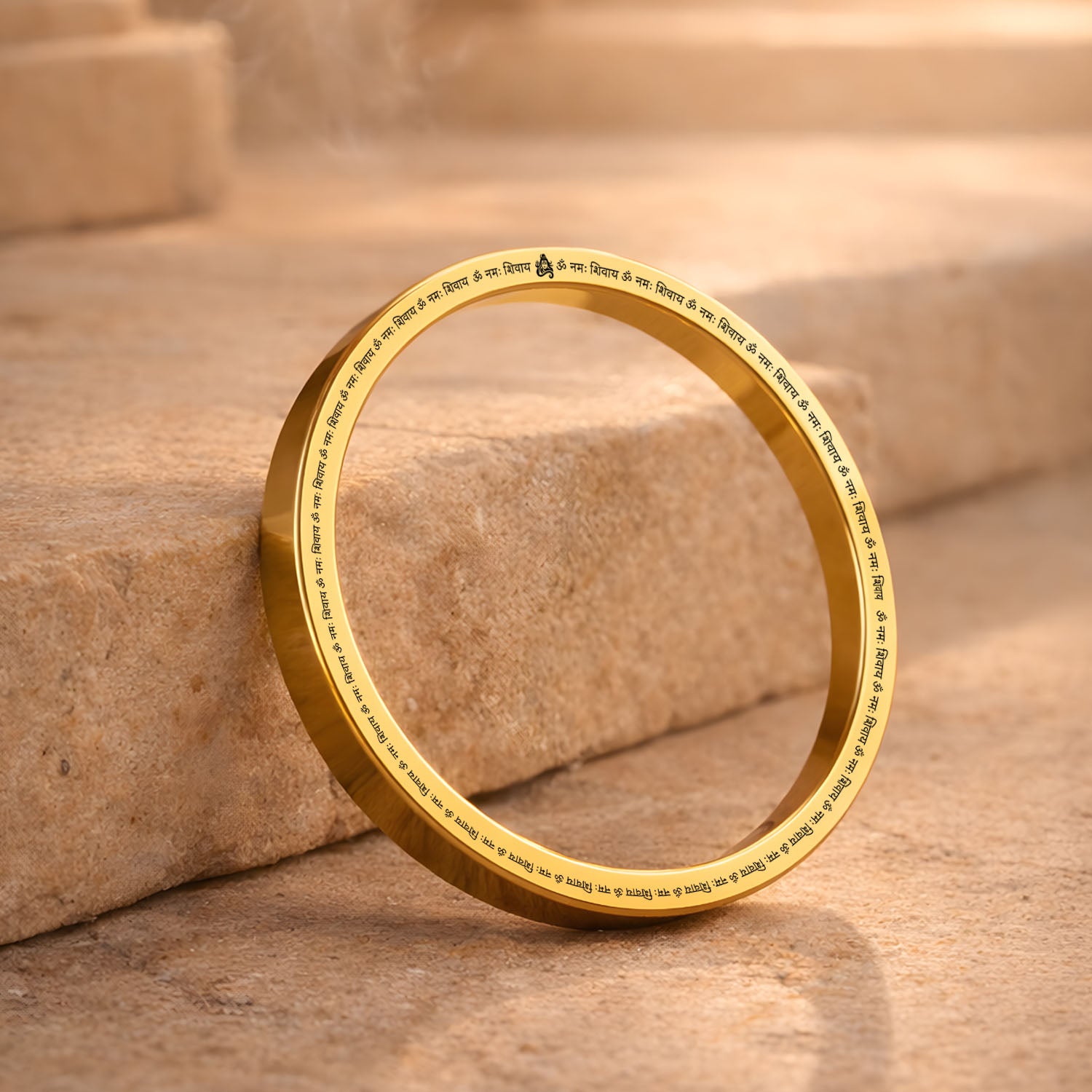 Om Namah Shivay MicroCarved Classic Round Kada Gold