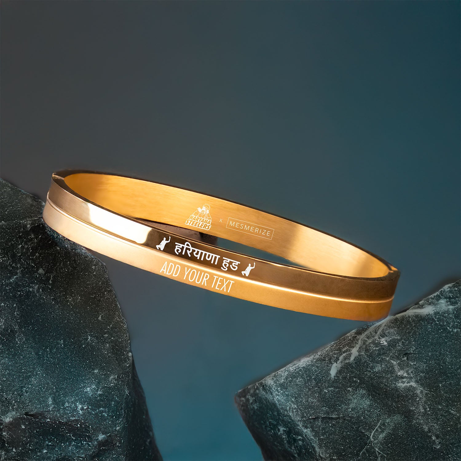 Personalised Haryana Hood Hindi Dual Finish Kada Bracelet Gold