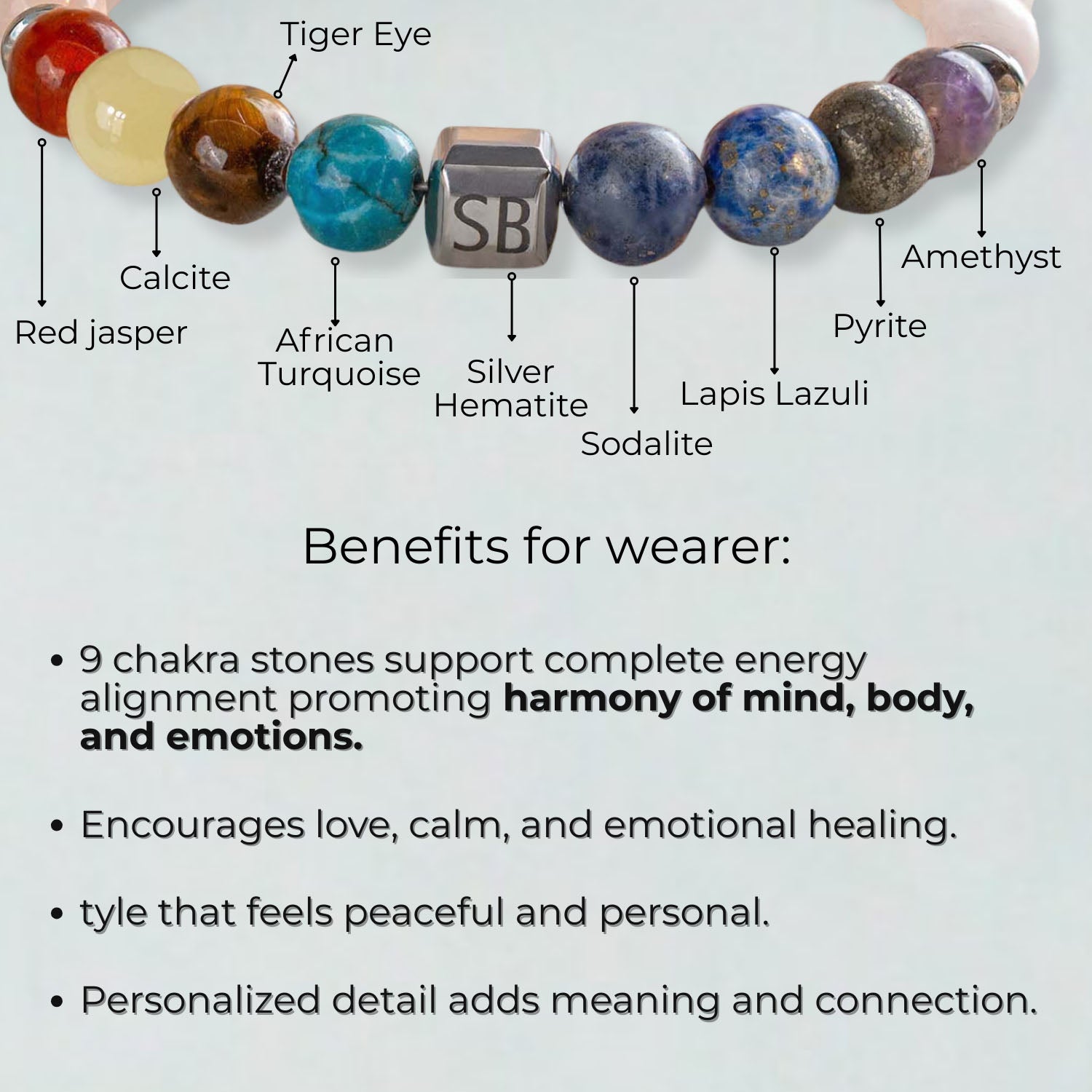 Personalised Solace Rose Quartz 9 Chakra Natural Stone Elastic Bracelet