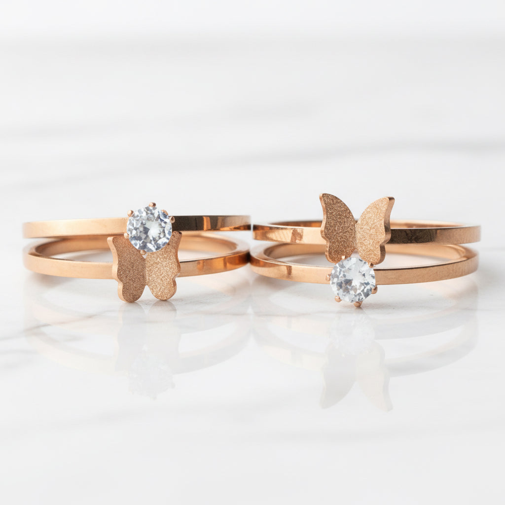 W Premium Jewellery Rose Gold Crystal Butterfly Rings