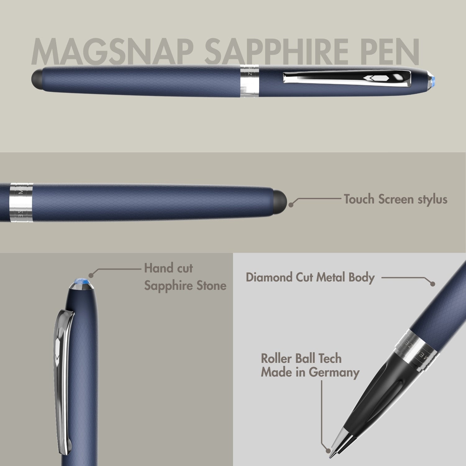 Matte Blue Finish Sapphire 2 in 1 MagSnap Roller Ball Pen with Stylus None
