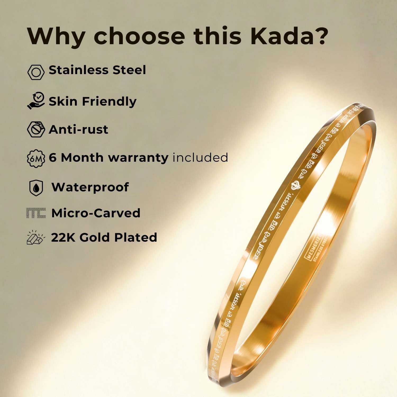 Round Flat Waheguru Ji Da Khalsa Kada Gold
