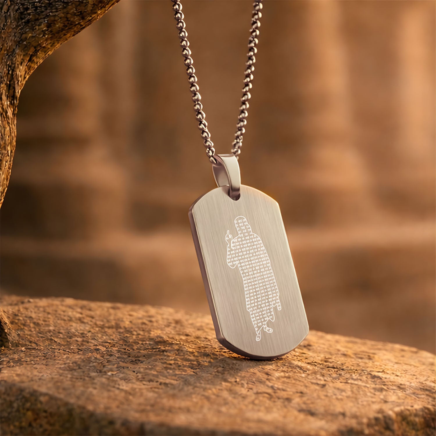 Om Sai Ram Inlay MicroCarved Tag Necklace Silver