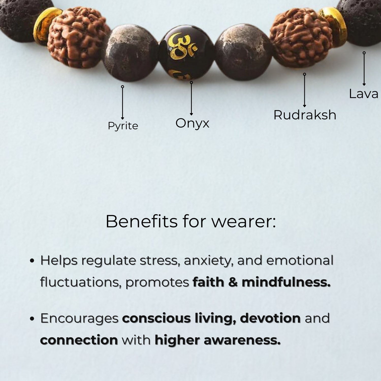 Spiritual Rudraksh Natural Stone Pyrite Om Elastic Bracelet